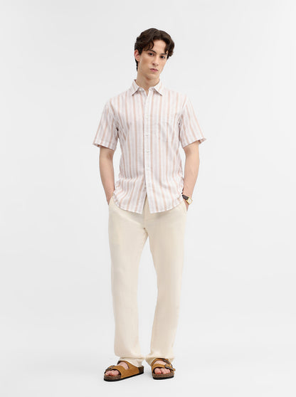 Khaki & White Striped Slim Fit Casual Shirt | Greenfibre