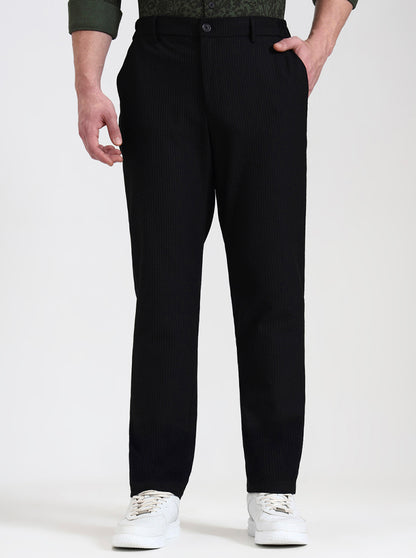 Black Striped Straight Fit Casual Trouser | JadeBlue