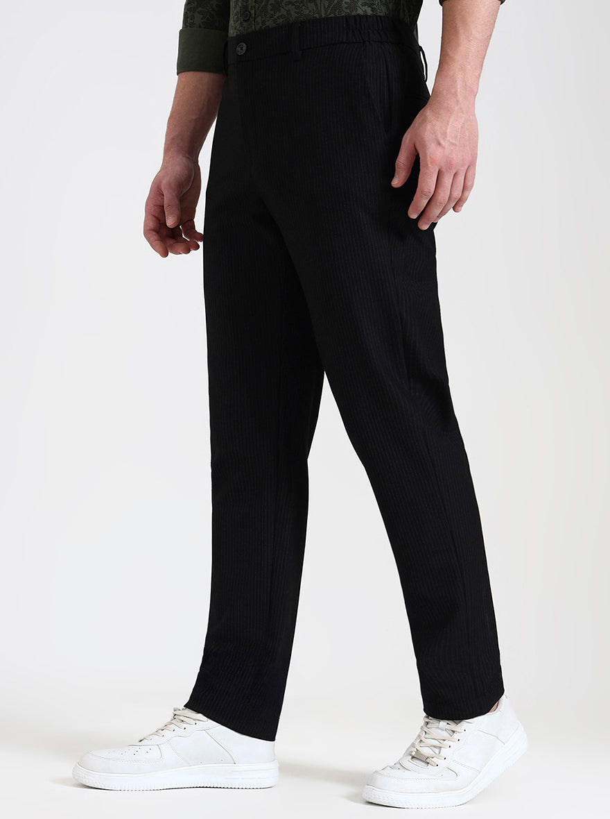 Black Striped Straight Fit Casual Trouser | JadeBlue