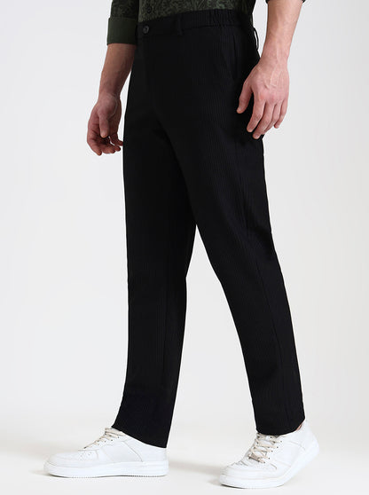 Black Striped Straight Fit Casual Trouser | JadeBlue