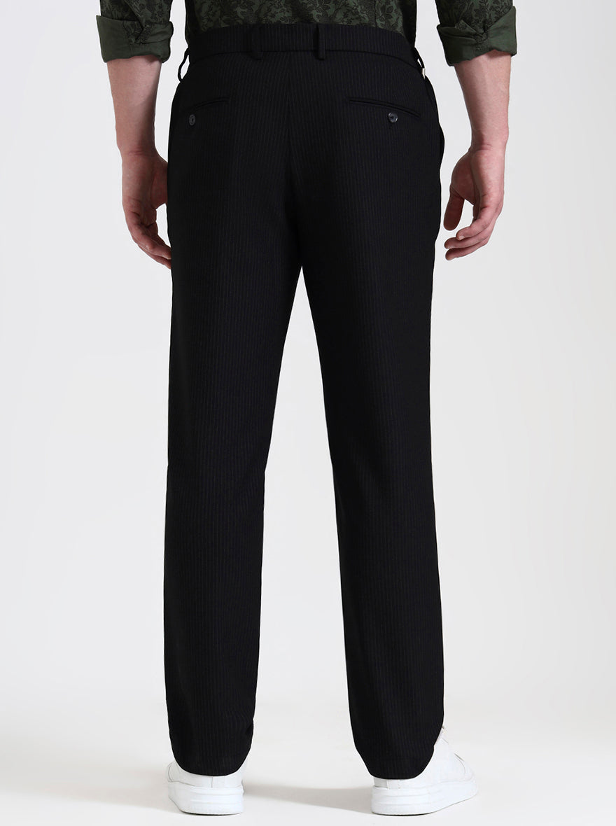 Black Striped Straight Fit Casual Trouser | JadeBlue