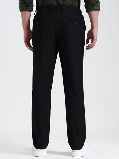 Black Striped Straight Fit Casual Trouser | JadeBlue