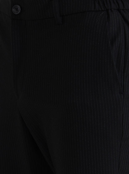 Black Striped Straight Fit Casual Trouser | JadeBlue
