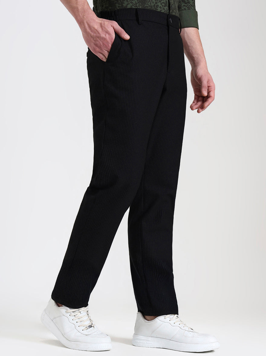Black Striped Straight Fit Casual Trouser | JadeBlue