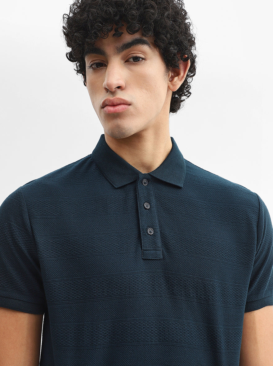 Teal Jacquard Slim Fit Polo T-Shirt | JadeBlue