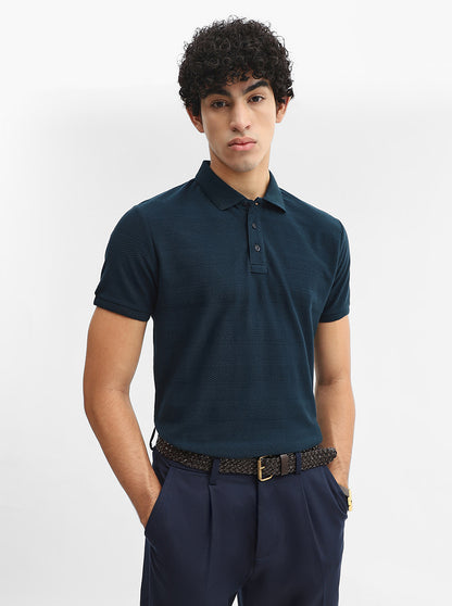 Teal Jacquard Slim Fit Polo T-Shirt | JadeBlue