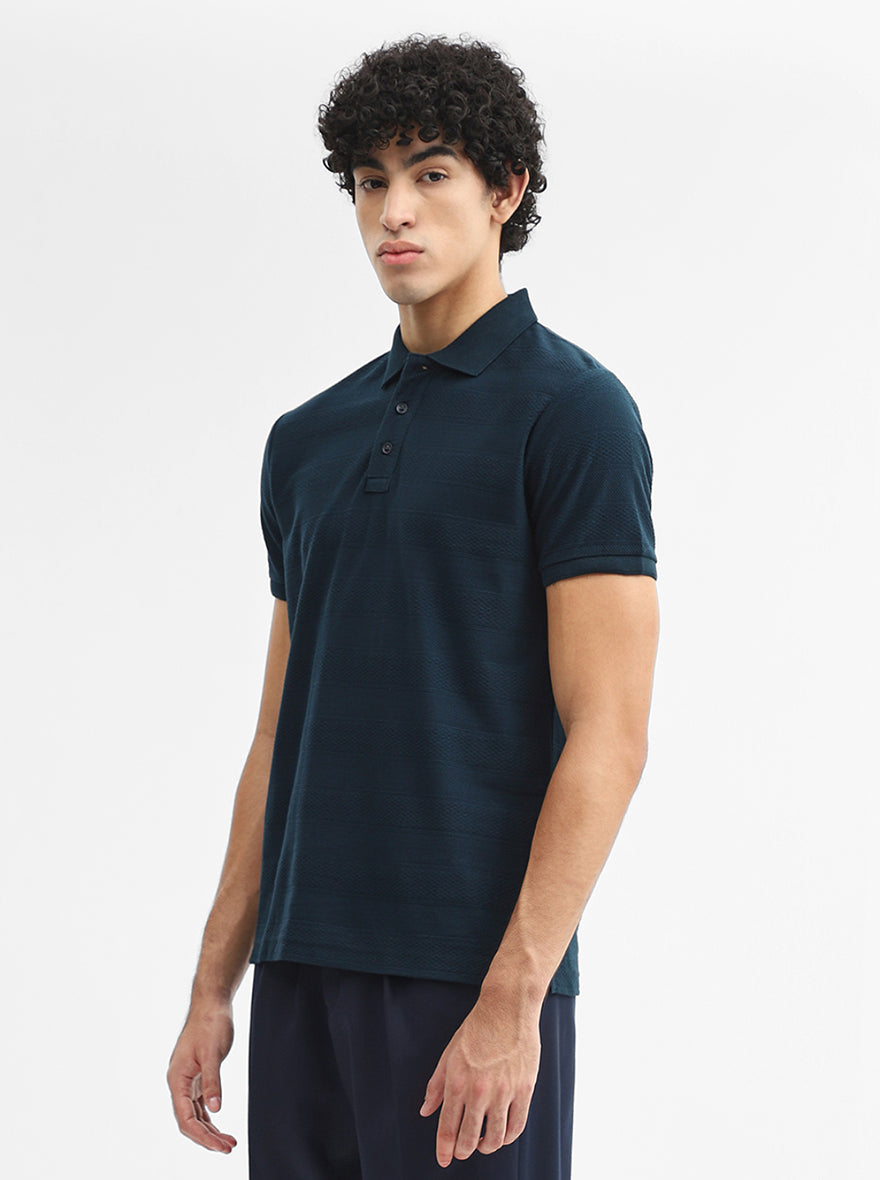 Teal Jacquard Slim Fit Polo T-Shirt | JadeBlue