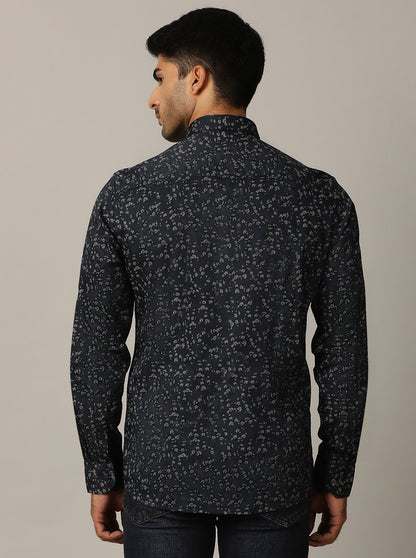 Navy Blue Printed Tailored Fit Semi Casual Shirt | JadeBlue