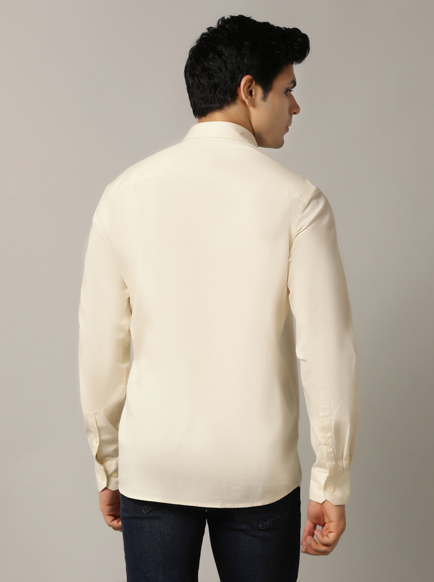 Cream Solid Tailored Fit Semi Casual Shirt | JadeBlue