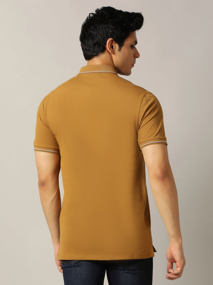 Khaki Solid Slim Fit Polo T-Shirt | JadeBlue