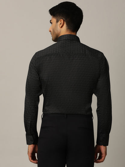 Navy Blue Printed Slim Fit Formal Shirt | Metal