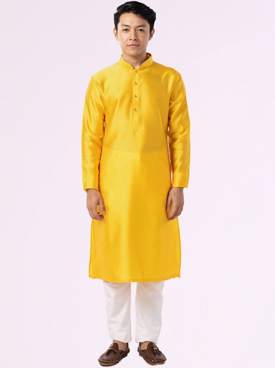 Sunflower Yellow Self Textured Cotton Blend Kurta | The Kurta Company