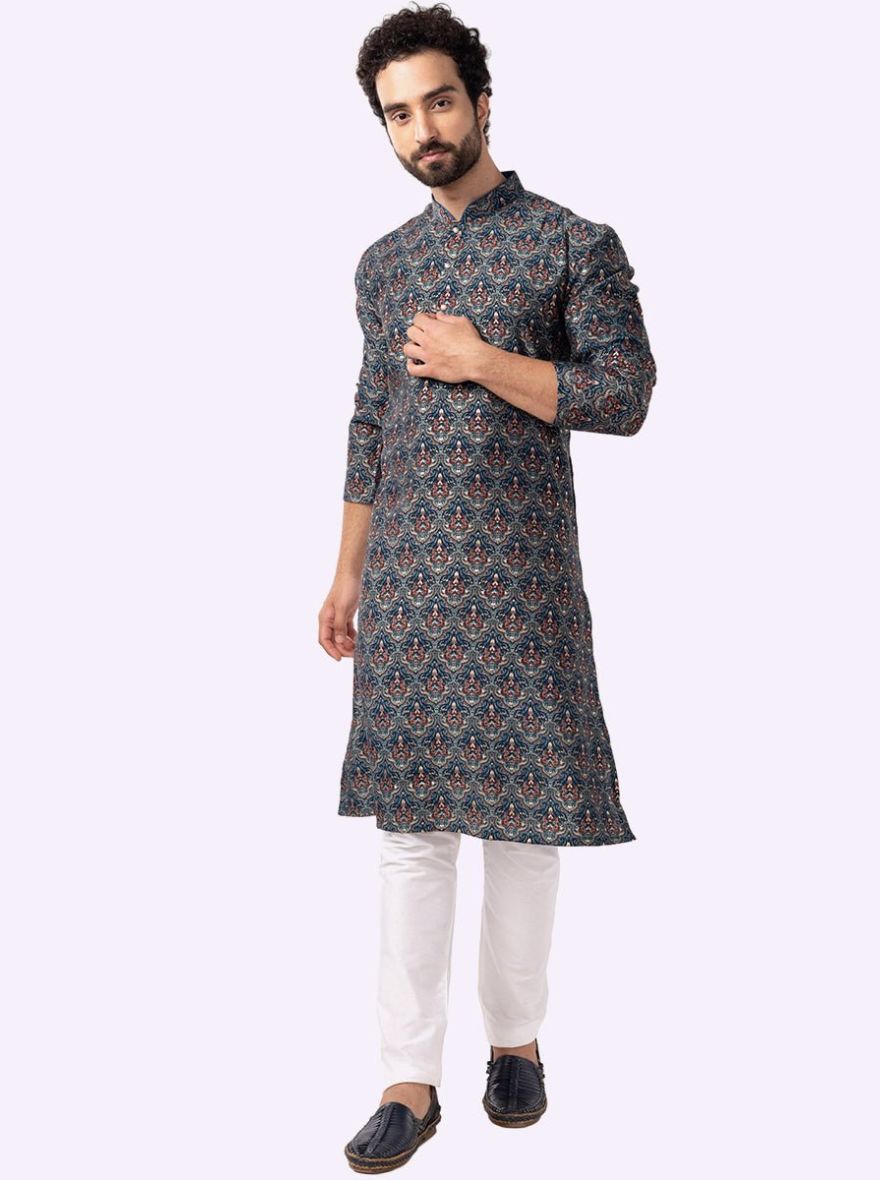 Blue Printed Cotton Silk Blend Kurta | The Kurta Company
