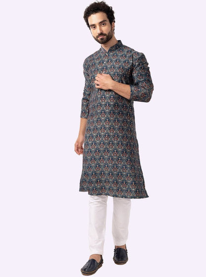 Blue Printed Cotton Silk Blend Kurta | The Kurta Company