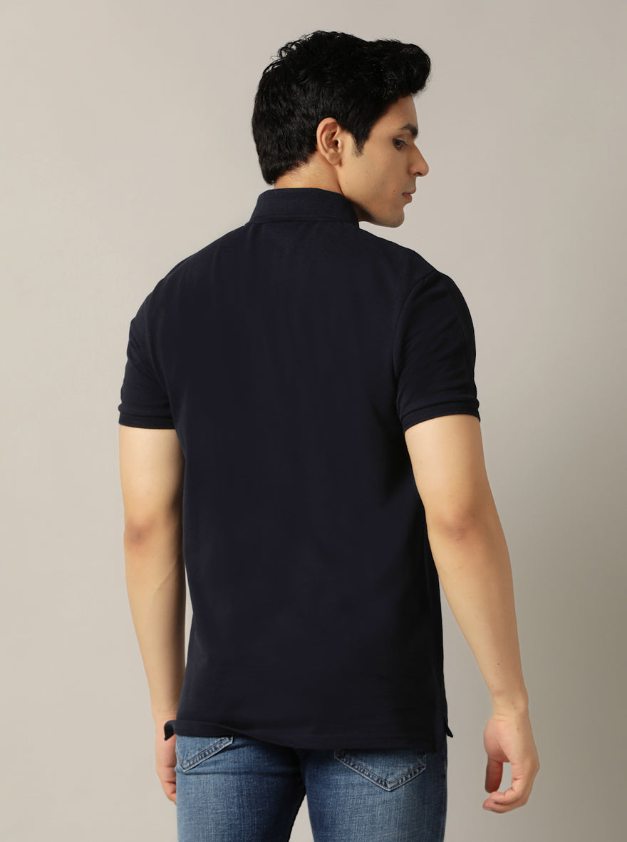 Navy Blue Solid Slim Fit Polo T-Shirt | JadeBlue