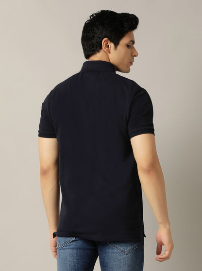 Navy Blue Solid Slim Fit Polo T-Shirt | JadeBlue