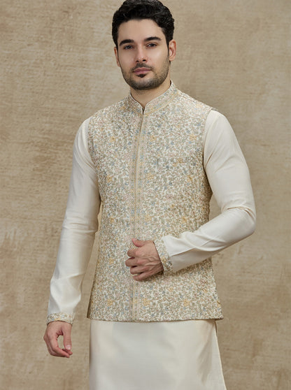 Cream Embroidered Kurta Pajama with Koti | Virasana