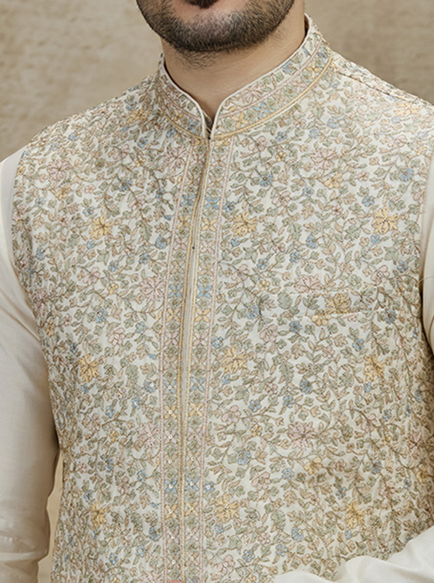 Cream Embroidered Kurta Pajama with Koti | Virasana