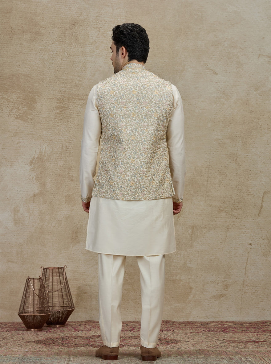 Cream Embroidered Kurta Pajama with Koti | Virasana