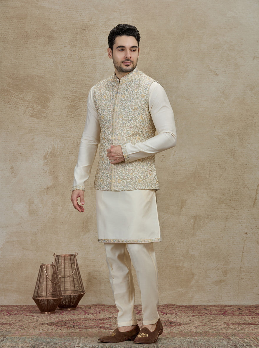 Cream Embroidered Kurta Pajama with Koti | Virasana