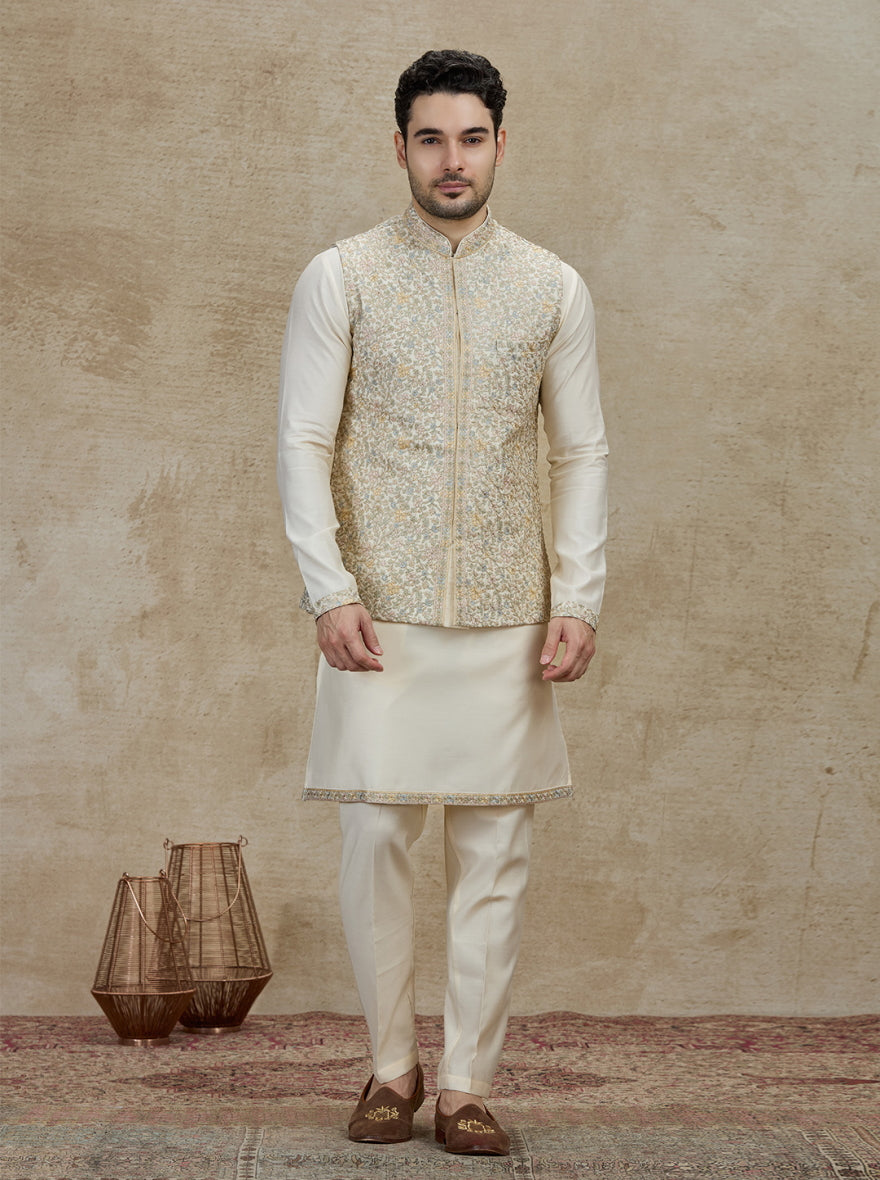 Cream Embroidered Kurta Pajama with Koti | Virasana