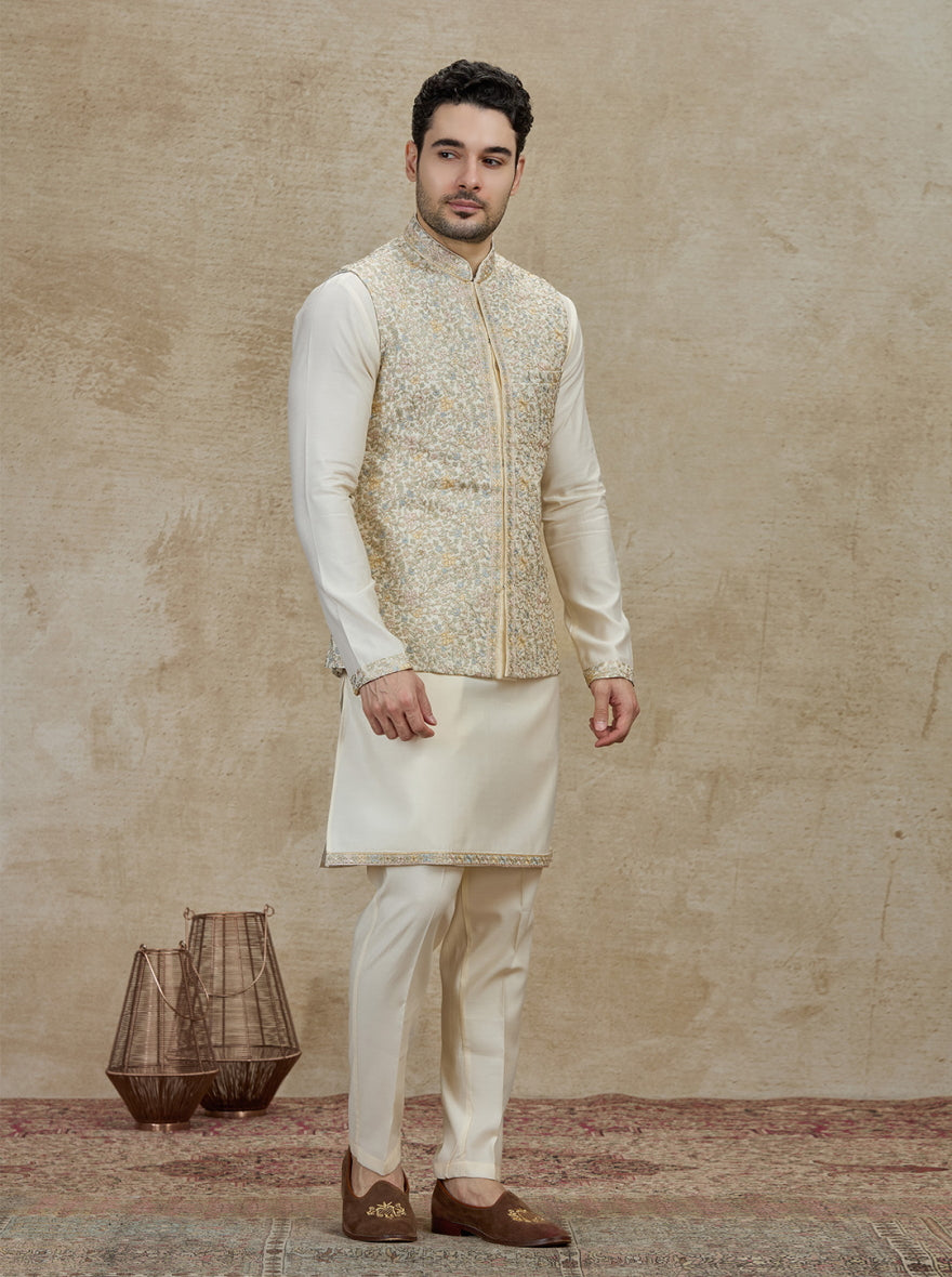 Cream Embroidered Kurta Pajama with Koti | Virasana
