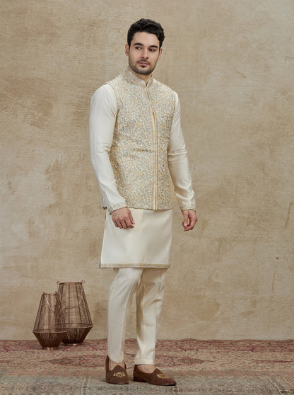 Cream Embroidered Kurta Pajama with Koti | Virasana