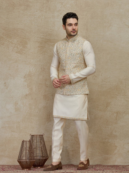 Cream Embroidered Kurta Pajama with Koti | Virasana