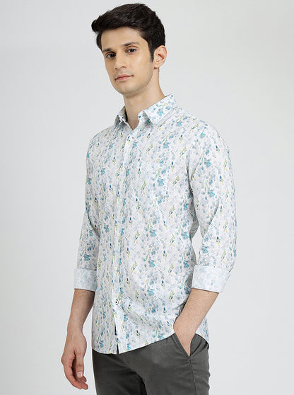 Off White Printed Slim Fit Casual Shirt | JadeBlue