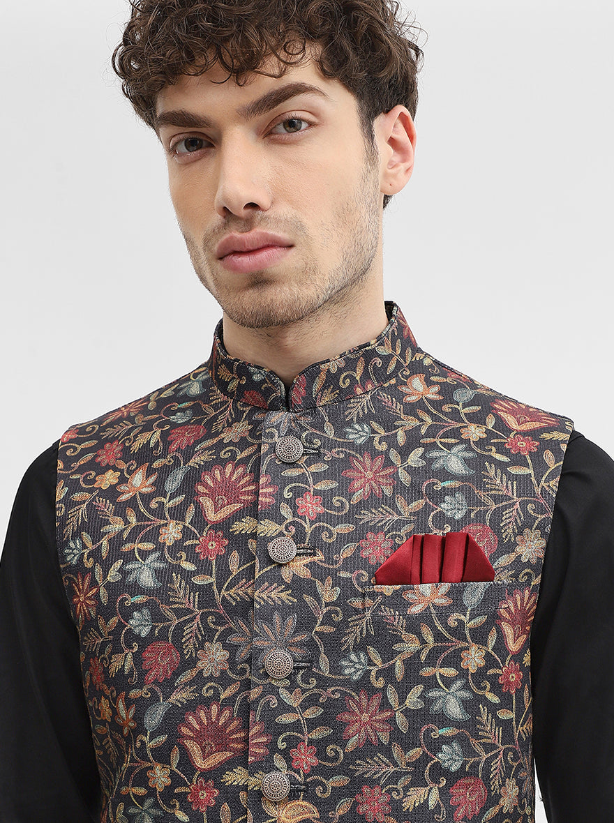 Black Printed Regular Fit Waistcoat | Wyre
