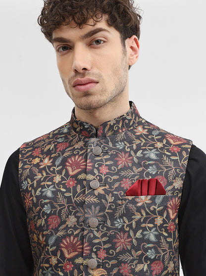 Black Printed Regular Fit Waistcoat | Wyre