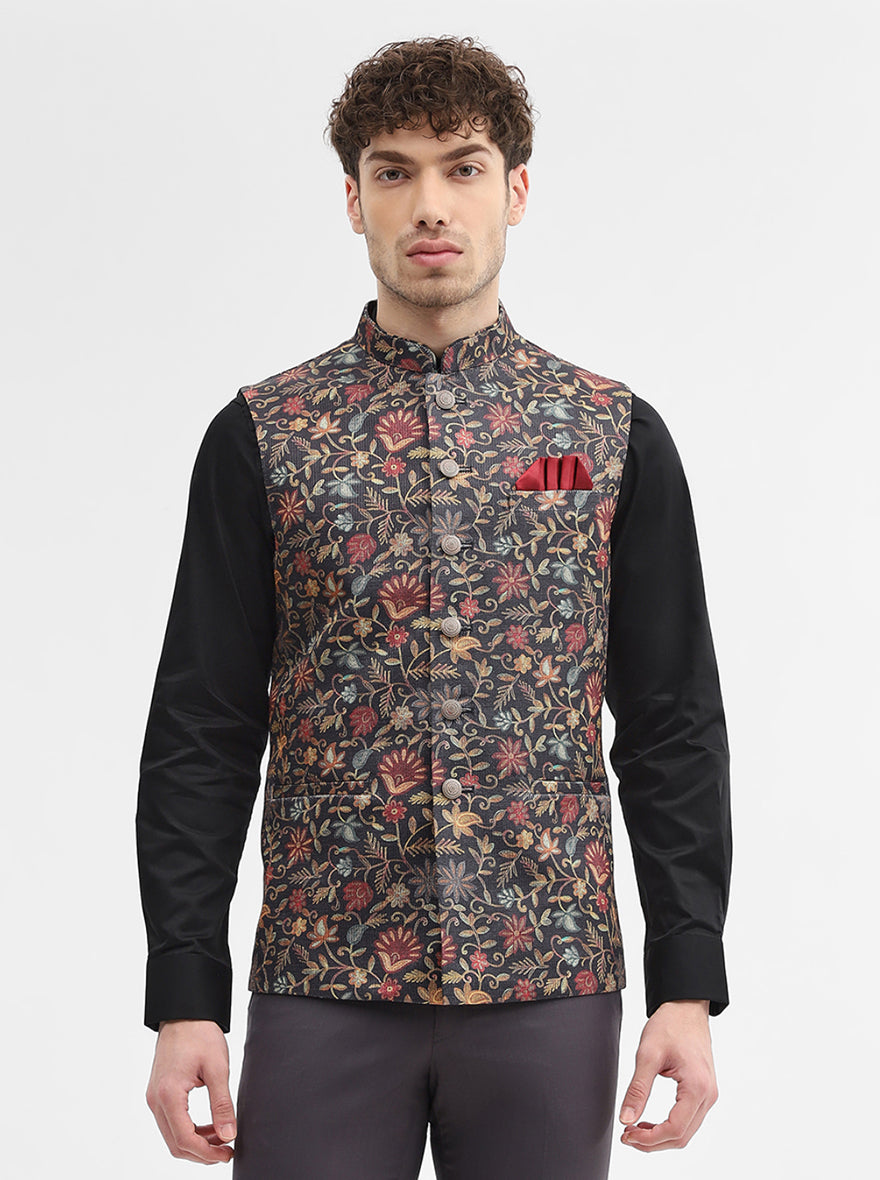 Black Printed Regular Fit Waistcoat | Wyre