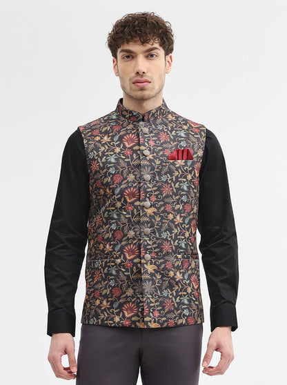 Black Printed Regular Fit Waistcoat | Wyre