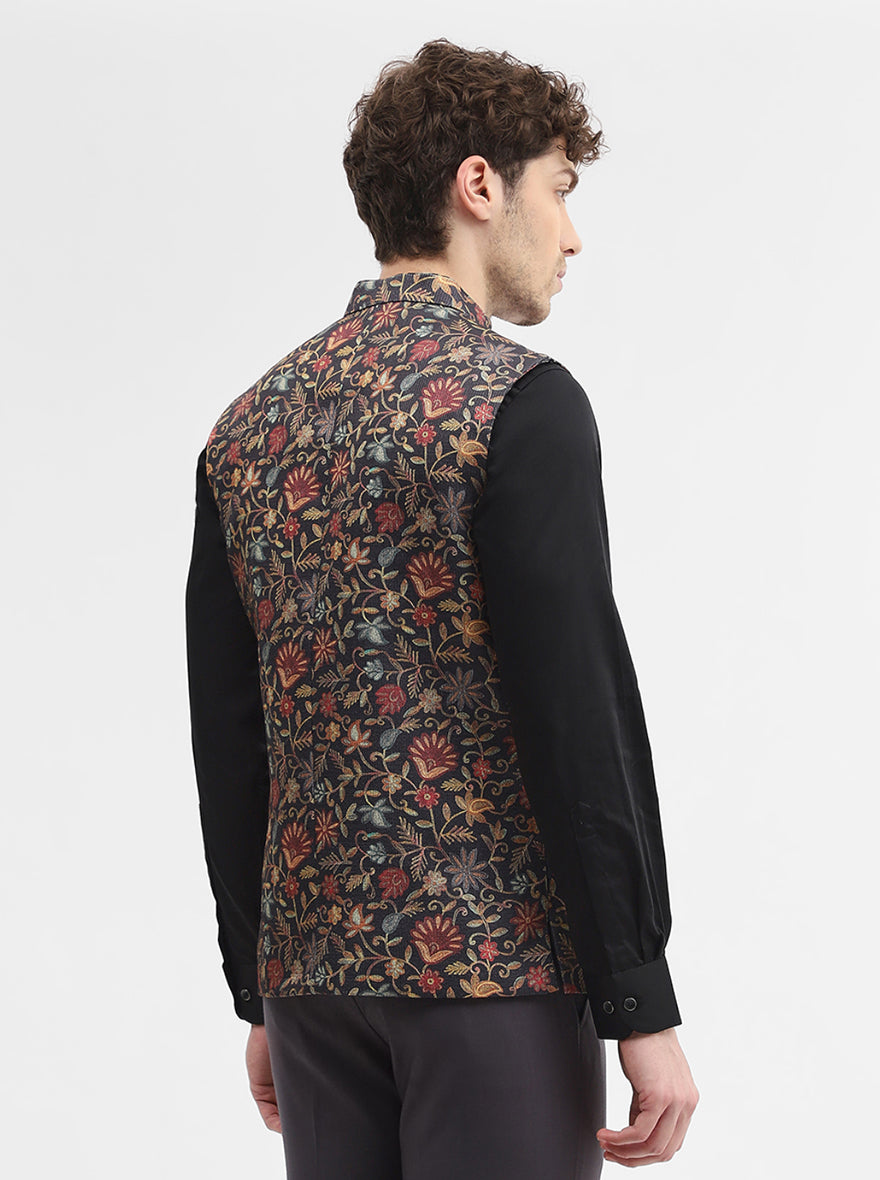 Black Printed Regular Fit Waistcoat | Wyre