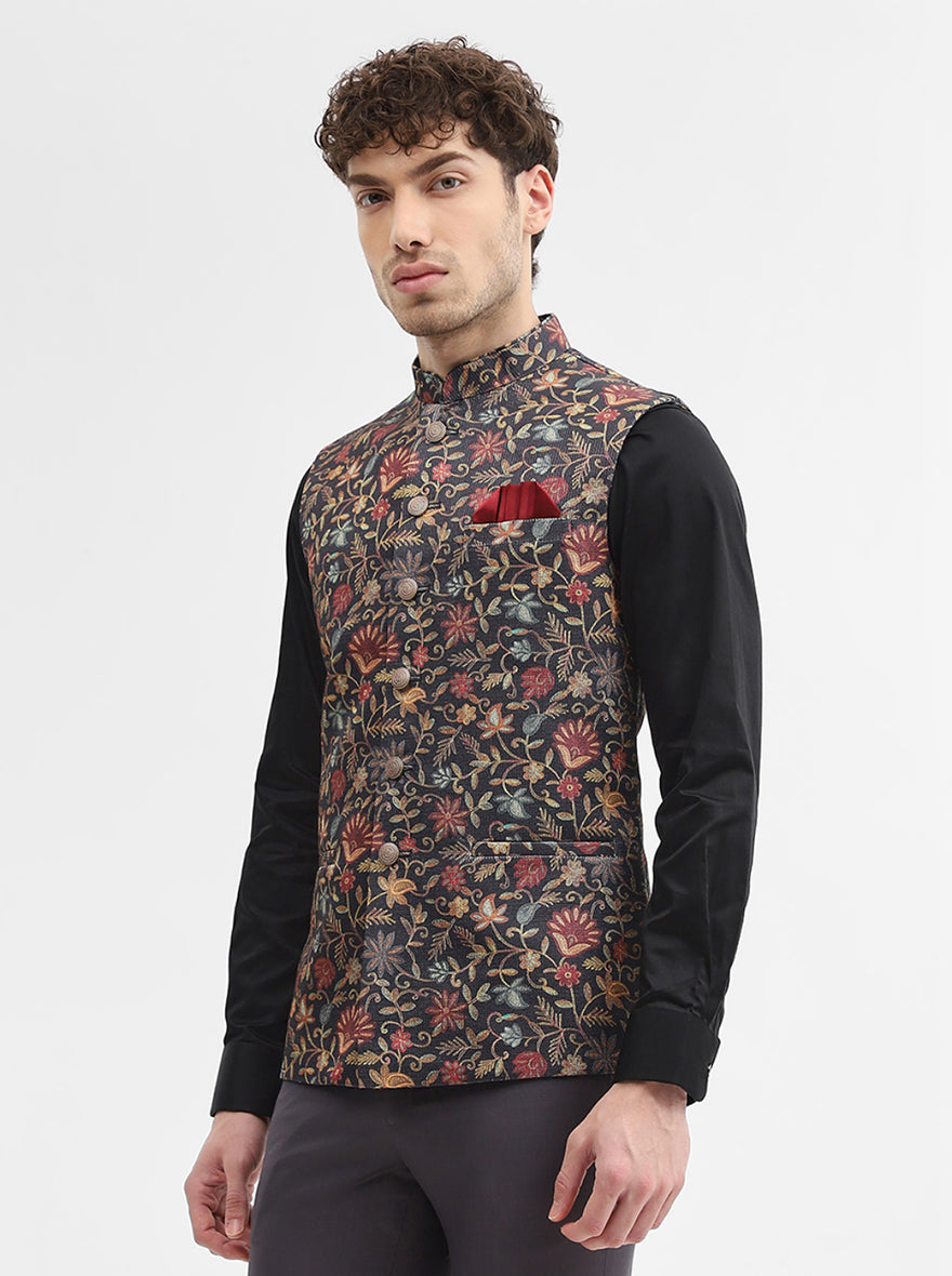 Black Printed Regular Fit Waistcoat | Wyre