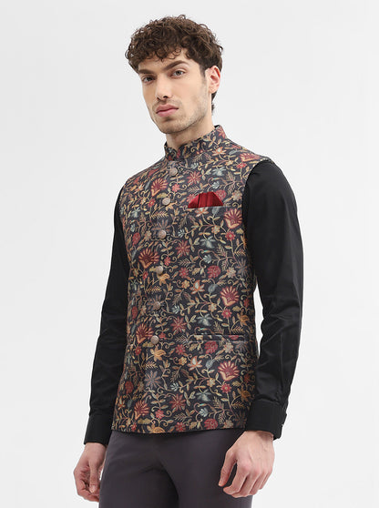 Black Printed Regular Fit Waistcoat | Wyre