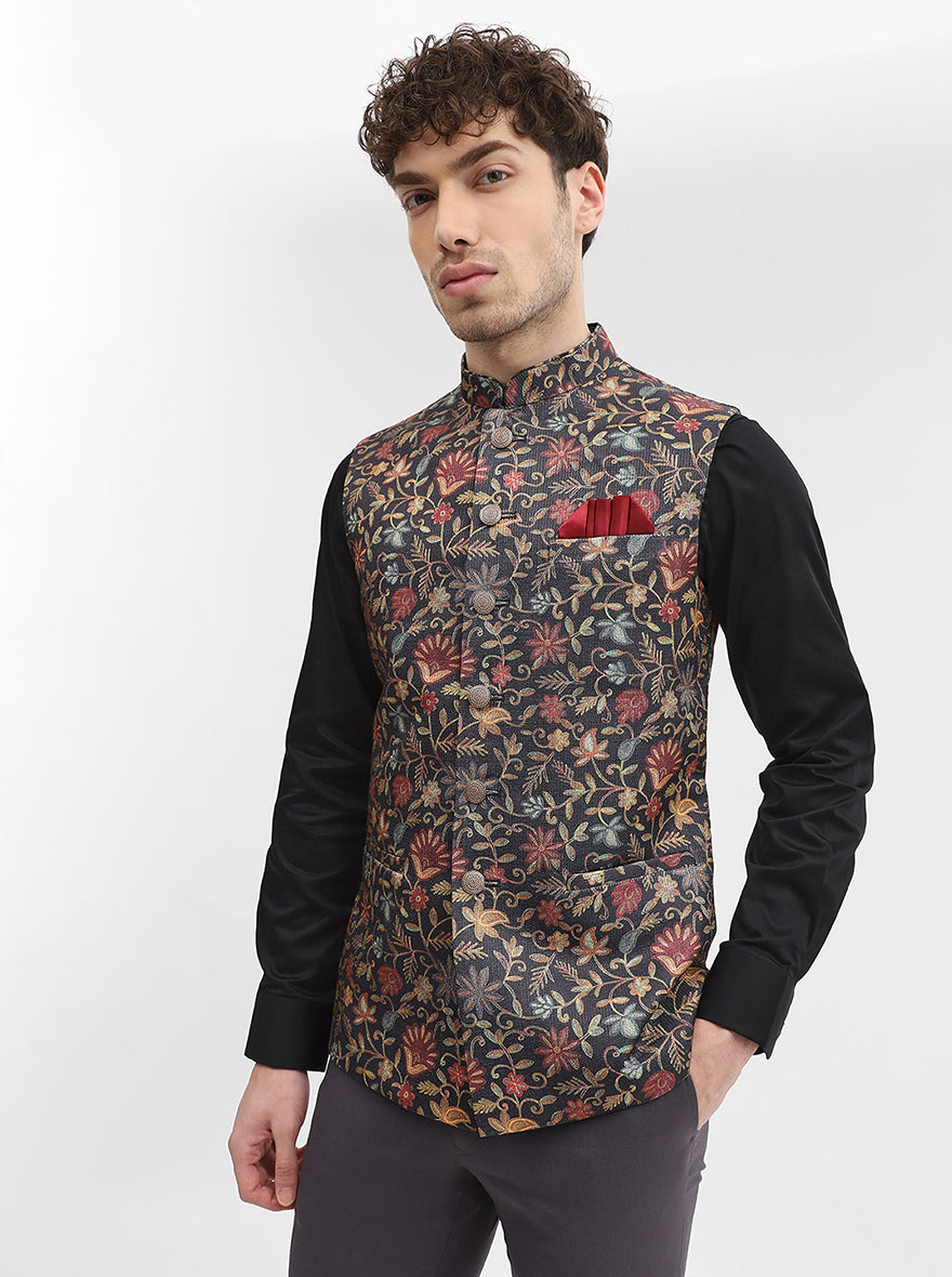 Black Printed Regular Fit Waistcoat | Wyre