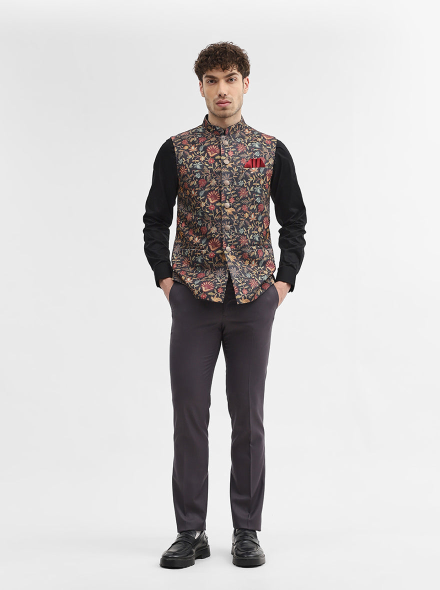Black Printed Regular Fit Waistcoat | Wyre