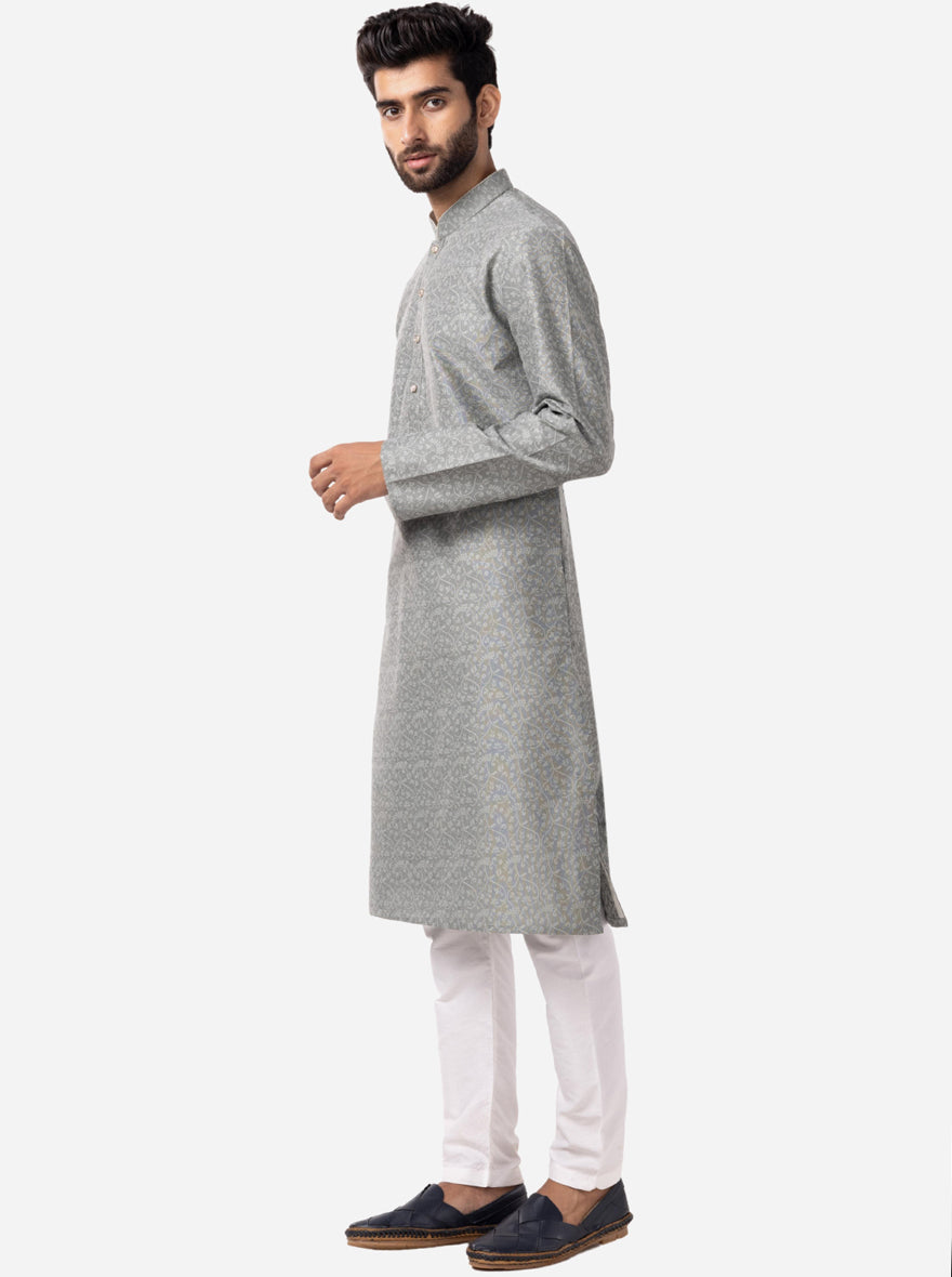 Grey Printed Cotton Silk Blend Kurta | The Kurta Company