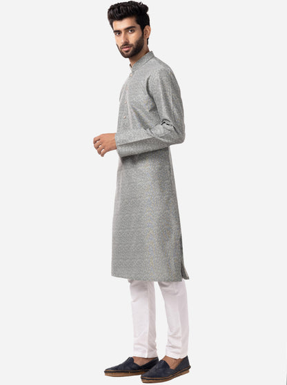 Grey Printed Cotton Silk Blend Kurta | The Kurta Company