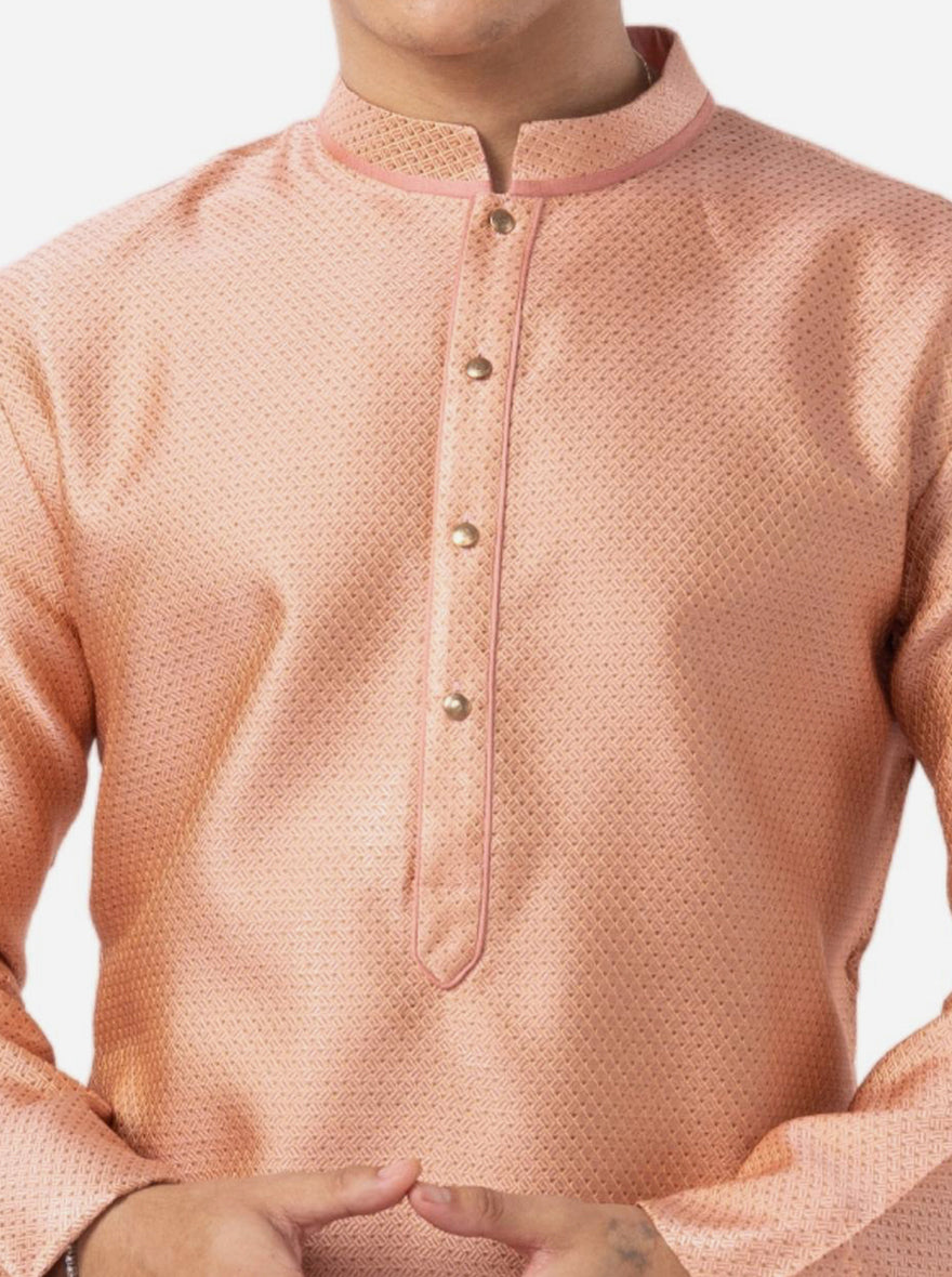 Rose Pink Self Textured Silk Brocade Kurta | The Kurta Company