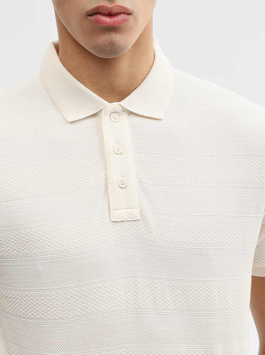 Off White Jacquard Slim Fit Polo T-Shirt | JadeBlue