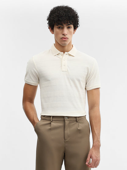 Off White Jacquard Slim Fit Polo T-Shirt | JadeBlue