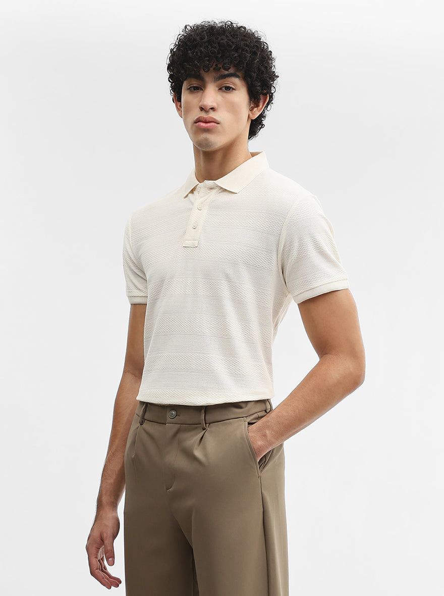 Off White Jacquard Slim Fit Polo T-Shirt | JadeBlue