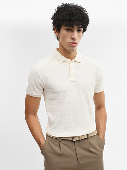 Off White Jacquard Slim Fit Polo T-Shirt | JadeBlue