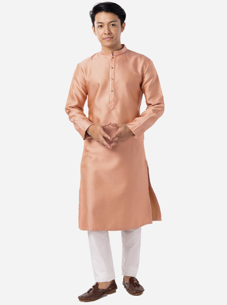 Rose Pink Self Textured Silk Brocade Kurta | The Kurta Company
