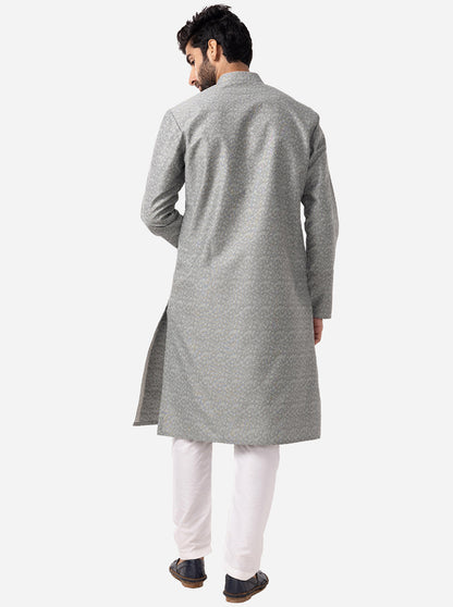 Grey Printed Cotton Silk Blend Kurta | The Kurta Company