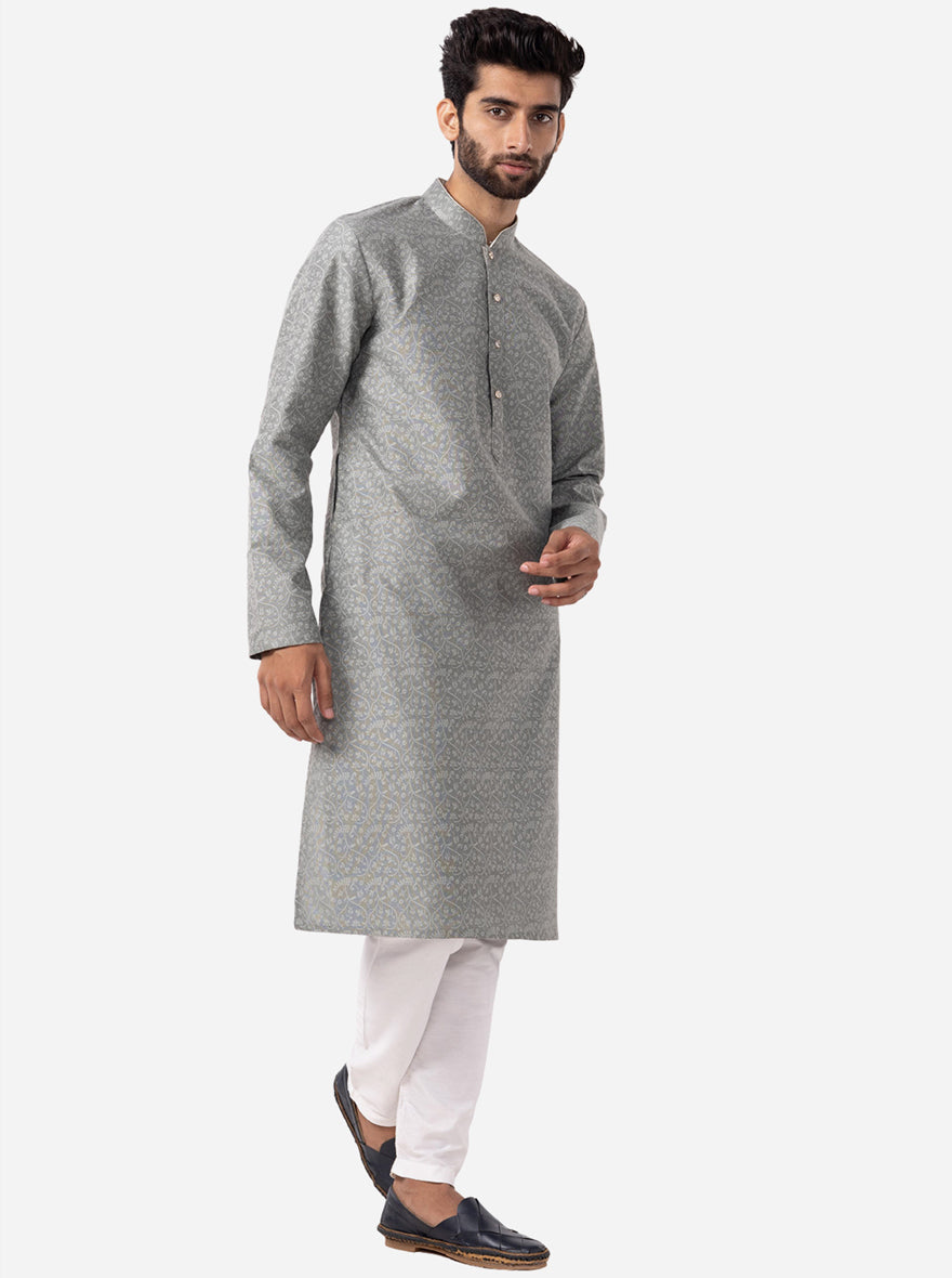 Grey Printed Cotton Silk Blend Kurta | The Kurta Company
