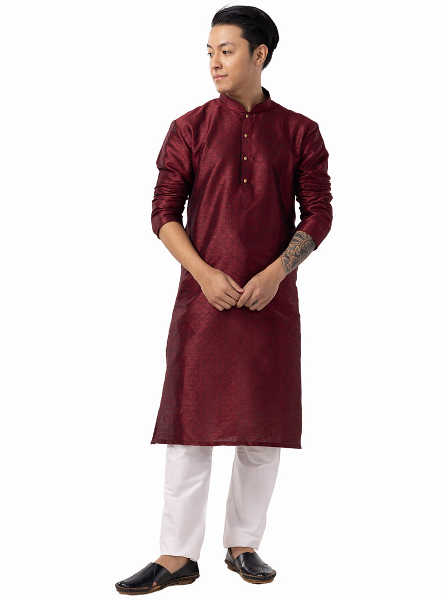 Red Printed Cotton Silk Blend Kurta | The Kurta Company