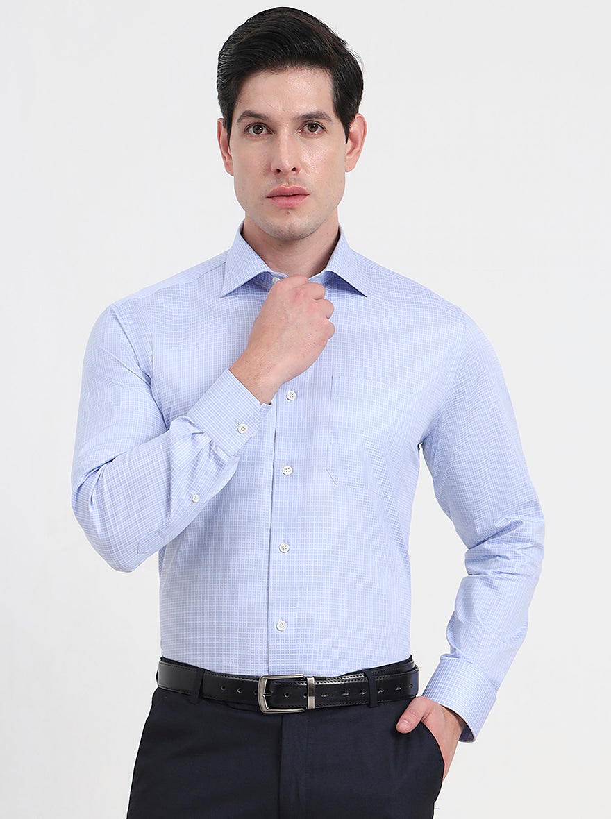 Light Blue Checked Slim Fit Formal Shirt | JadeBlue Super Luxe